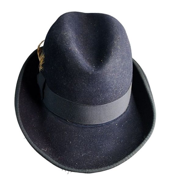 Reed Hill Fur Blend Hat Size 7 Custom Made Navy Blue With Band and Feather - Picture 10 of 13